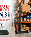 Heavy Duty Semi Electric Pallet Stacker Delivering 3300 Lbs Capacity High Lift Industrial Warehouse Jack Built Like A Tank ForNavigating Tight Corners And Handling The Daily Grind beside boxes in warehouse with max lift height of 94.8 in.