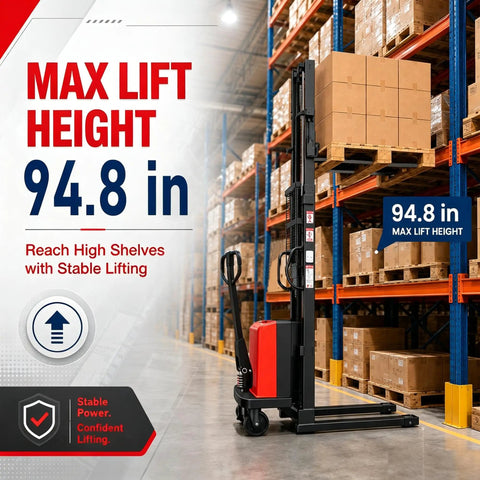 Heavy Duty Semi Electric Pallet Stacker Delivering 3300 Lbs Capacity High Lift Industrial Warehouse Jack Built Like A Tank ForNavigating Tight Corners And Handling The Daily Grind beside boxes in warehouse with max lift height of 94.8 in.