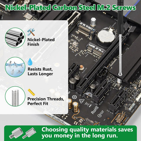 Thirty Piece M2 SSD Screws And NVMe Standoff Kit Delivers A Hella Secure Mount For Desktop Or Laptop Builds With Zero Sweat Just Snap It In For A Straight Up Perfect Setup Every Time You Upgrade Your Rig with nickel-plated carbon steel screws.