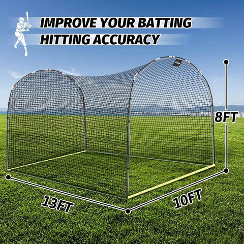 Heavy Duty Batting Cage Net With Steel Frame, 13 Feet Long, 10 Feet Wide, And 8 Feet High, setup outdoors
