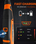 Side view of HARDELL 12V cordless rotary tool in orange and black with battery indicator