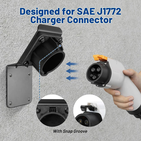 Kickass Ev Charger Holder For Sae J1772 Wall Mount Quick Install Space Saving Cable Hanger With Sweet Downward Angle Design showing connector with snap groove.