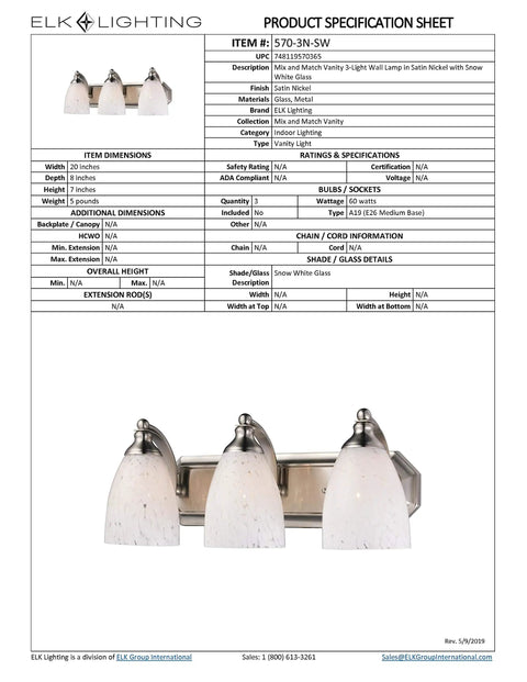 Three Light Satin Nickel Vanity Light From Mix And Match Collection Contemporary fixture, three bell shades, front view.