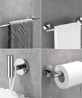 Chrome Bathroom Accessories Set 5 Piece With 18 Inch Bath Towel Bar Hand Towel Bar Toilet Paper Holder And Two Robe Hooks shown on concrete wall.