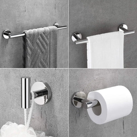 Chrome Bathroom Accessories Set 5 Piece With 18 Inch Bath Towel Bar Hand Towel Bar Toilet Paper Holder And Two Robe Hooks shown on concrete wall.