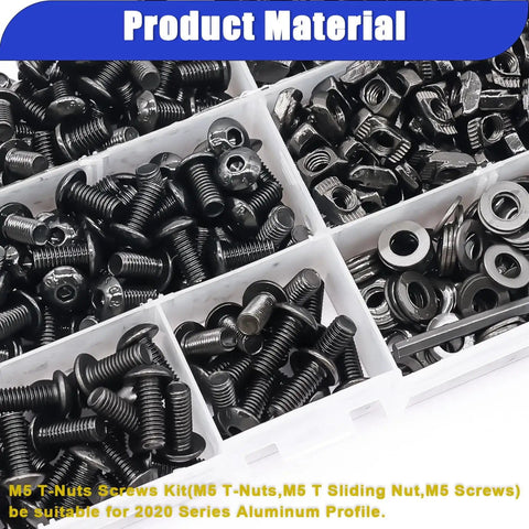 275 Piece M5 T Nuts and Bolts Kit for 2020 Aluminum Extrusion, assorted black nuts, bolts, washers, compartmentalized box.