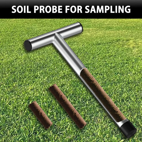 12 Inch Stainless Steel Soil Sampler Probe With T Style Handle For Deep Soil Sampling In Lawn Garden Farm And Plant Care Pro Grade Tool For Moisture And Nutrient Check showing soil core samples on grass.