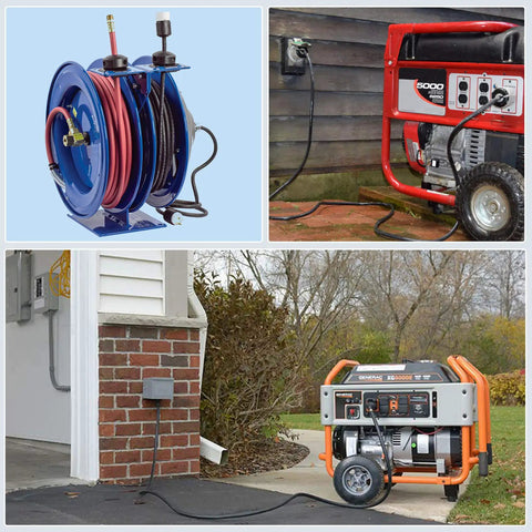 Two Pack 125V 15 Amp NEMA 5-15P Straight Blade Plug Kit connected to generators and cable reels outdoors.