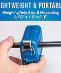 Person holding Miniflex Tube Fiber Optic Slit And Ring Tool For Five Point Eight To Twelve Millimeters Cables, showing size and lock design