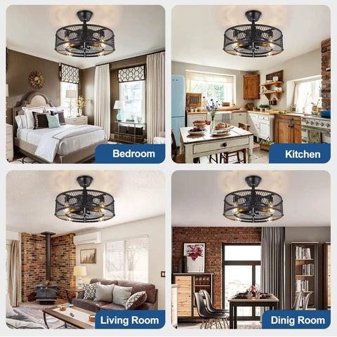 20 Inch Caged Ceiling Fan With Light Remote Dope Industrial Farmhouse Style Black for Bedroom, Kitchen, Living Room, Dining Room