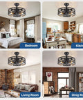 Retractable Blades Ceiling Fan With Lights In Vintage Cage Remote Control Black Finish in various home settings.