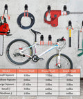 Heavy Duty Steel Garage Hooks 14 Pack With Tough Non Slip Coating Wall Mount Tool Hangers organizing tools and bikes on wall.