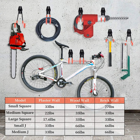 Heavy Duty Steel Garage Hooks 14 Pack With Tough Non Slip Coating Wall Mount Tool Hangers organizing tools and bikes on wall.
