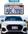 Real Carbon Fiber License Plate Frame on white car, 4 thin edge design shown.