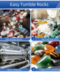 Steps showing rock tumbling process with Eight Pound Ceramic Tumbling Media Cylinders, Reusable Non Abrasive Pellets for polishing stones.