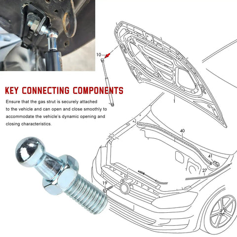 Diagram showing 4 Pack Heavy Duty 10 Mm Ball Stud With Nuts For Gas Spring Strut Fittings on a car hood