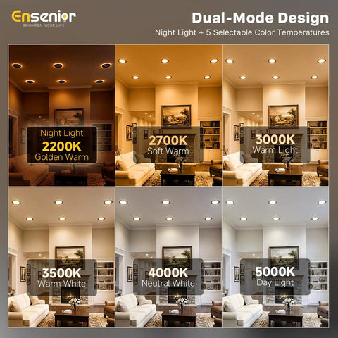 Ensenior 6 Pack 6 Inch LED Recessed Lights with Night Light, 5CCT 1100LM showing dual-mode design in various warm light settings.