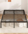 Rock Solid Metal Platform Bed Frame Full Size With Heavy Duty Support Slats No Box Spring Needed, showing slats and black finish.