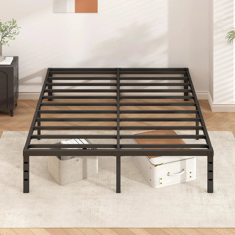 Rock Solid Metal Platform Bed Frame Full Size With Heavy Duty Support Slats No Box Spring Needed, showing slats and black finish.