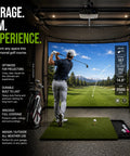 Indoor golf simulator setup with 10ft mobile golf simulator net, steel frame, and impact screen in garage for real ball hits and safe swings.