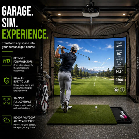 Indoor golf simulator setup with 10ft mobile golf simulator net, steel frame, and impact screen in garage for real ball hits and safe swings.