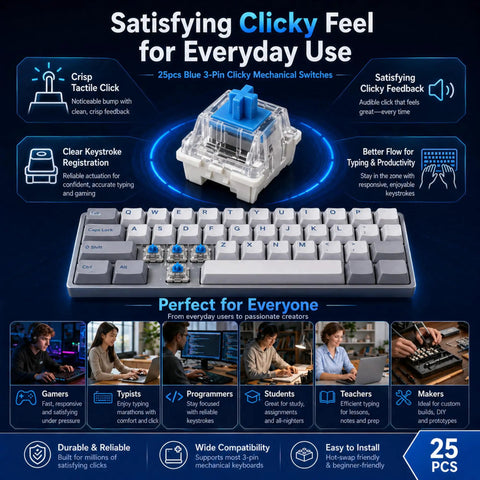 Blue 3 Pin Clicky Mechanical Keyboard Switches Set Pre Lubed MX Compatible RGB For Repair Custom Builds Typing Gaming And DIY Projects Great Replacements For Worn Or Inconsistent Keys 25 Pack, clear switch and keyboard view