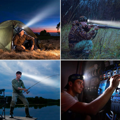Two Pack Rechargeable LED Headlamp with 5 Modes used for camping, hunting, fishing, and repairs, showing ultra bright beam