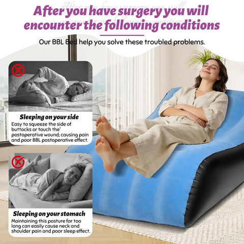 Woman relaxing on BBL Post Surgery Recovery Bed With U Shaped Cutout Hole Butt Lift Pressure Relief Sleeping Pad in blue.