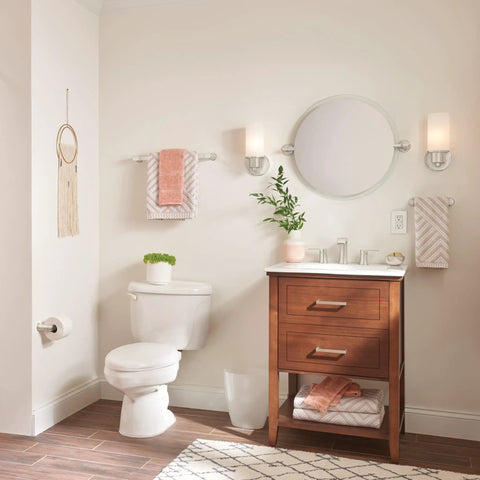 Modern bathroom with Genta Chrome Two-Handle Widespread Slick Modern Bathroom Faucet With Drain Assembly For 3-Hole Sinks on vanity.