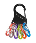 Key Rack Steel S Biner Carabiner Organizer with six colorful S Biners for keys, neatly clipped to black metal rack.