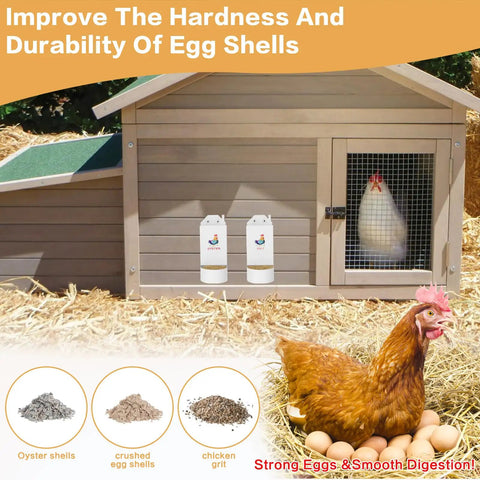 Top Shelf Hanging Chicken Grit And Oyster Shell Feeder Metal Coop Staple That Kills Feed Waste Cold And Keeps Your Flock Well Supplied Happy Healthy And Laying Eggs Flat Out Best For All Flock Ages White Twin Pack in use with hen, grit, and shells visible.