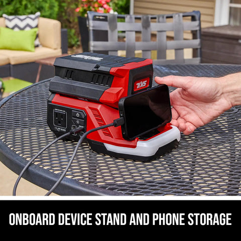 Built Tough 40V Power Inverter Dropping 300W Steady And 500W Peak Wattage with onboard device stand and phone storage.