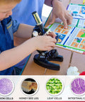 Child using Beginner Friendly Hands On Educational Microscope Kit for Kids With Metal Arm and Stage with guide book nearby.