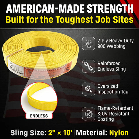 Endless Nylon Lifting Sling 2 Inch By 10 Foot Type 5 Rigging, 2 Ply Heavy Duty 900 Webbing, USA Made, Load Ratings: 12,800 LB Vertical, 10,200 LB Choker, 25,600 LB Basket, Built Like a Tank for Industrial Hoisting