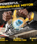 Ecarke 7-1/4 in cordless circular saw; angled side view with laser guide, 20V DeWalt compatible, 2 blades, 0–45 bevel