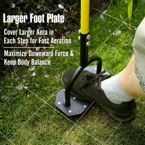 Close-up of 36 Inch Spike Lawn Aerator Tool With Longer Spikes foot plate on grass, showing user stepping for aeration.