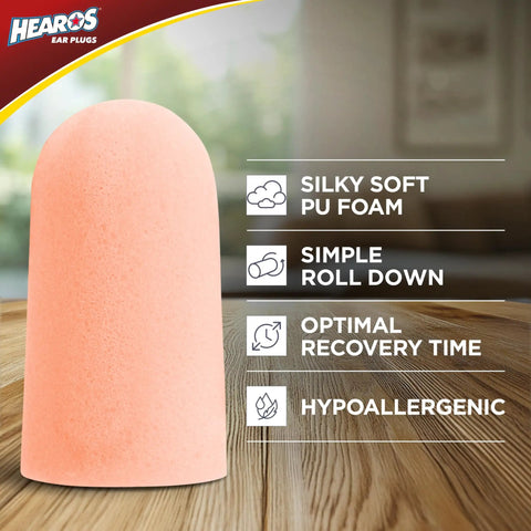 Ultra Soft Foam Ear Plugs For Sleep And Travel With NRR 32 Great For Studying Concerts, pink foam earplug on wooden surface.