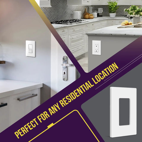 White screwless 1-gang wall plate outlet cover installed in kitchen, Decorator 1 Gang Wall Plate Outlet Cover White Screwless, Unbreakable Polycarbonate Thermoplastic, Heat and Fade Resistant UL94 V2 Flammability Safe for Kids, 4.68 x 2.93 Inches, Pack of 100