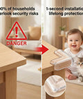 Top Notch Baby Corner Protectors 16 Piece Clear Table Edge Guards on wooden table with baby and kitten, showcasing safety features.