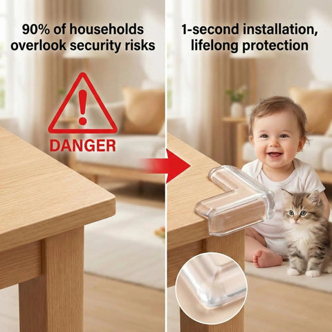 Top Notch Baby Corner Protectors 16 Piece Clear Table Edge Guards on wooden table with baby and kitten, showcasing safety features.