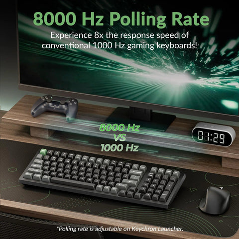 Slick Wireless Mechanical Keyboard With Numeric Keypad Featuring 8000Hz Polling Rate showcased on a gaming desk with a monitor.