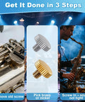 16 Piece Lyre Holder Screw Set For Saxophone Trumpet And Tuba, showing screws on instrument, steps for secure mounting during performances.