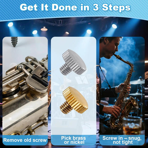 16 Piece Lyre Holder Screw Set For Saxophone Trumpet And Tuba, showing screws on instrument, steps for secure mounting during performances.