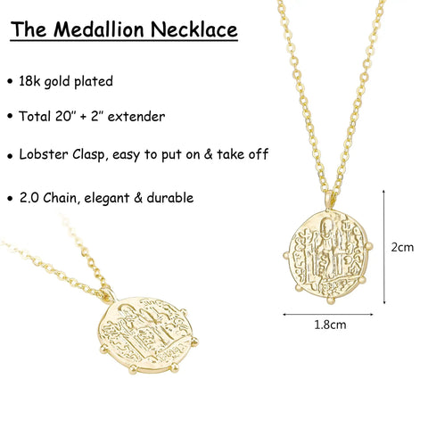 Gold Plated Medallion Coin Necklace For Women 20 Inch 18K Gold Plated Chain With 2 Inch Extender, showing necklace details and dimensions.