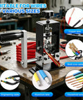 Dual Operation Wire Stripper Machine With Hand Crank And Drill Drive For Scrap Copper Cable Recycling on a workbench with assorted cables.