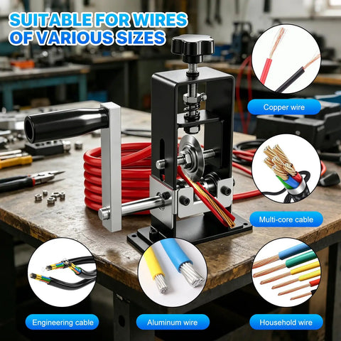 Dual Operation Wire Stripper Machine With Hand Crank And Drill Drive For Scrap Copper Cable Recycling on a workbench with assorted cables.