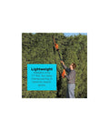 Person using 20V Max Cordless Pole Hedge Trimmer With 18-Inch Dual-Action Blade, reaching tall hedge effortlessly.