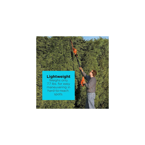 Person using 20V Max Cordless Pole Hedge Trimmer With 18-Inch Dual-Action Blade, reaching tall hedge effortlessly.