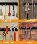 Heavy Duty ABS Plastic Broom Holder With Five Auto Adjustable Slots And Six Retractable Hooks Wall Mount Mop And Broom Hanger Waterproof Garage Tool Organizer With Screws in various rooms