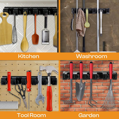 Heavy Duty ABS Plastic Broom Holder With Five Auto Adjustable Slots And Six Retractable Hooks Wall Mount Mop And Broom Hanger Waterproof Garage Tool Organizer With Screws in various rooms